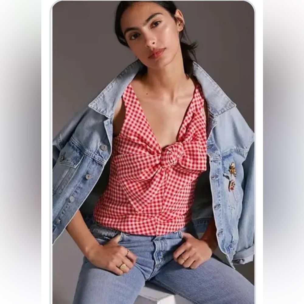 EVA Franco - Gingham Bow Top - Pink/Red size Small by Anthropologie